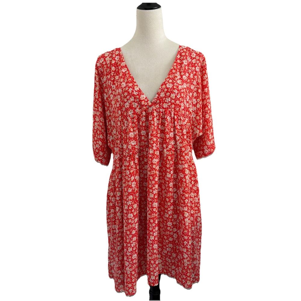 Mittoshop Babydoll Dress Womens XL Orange Floral V-Neck Pockets Flowy Boho
